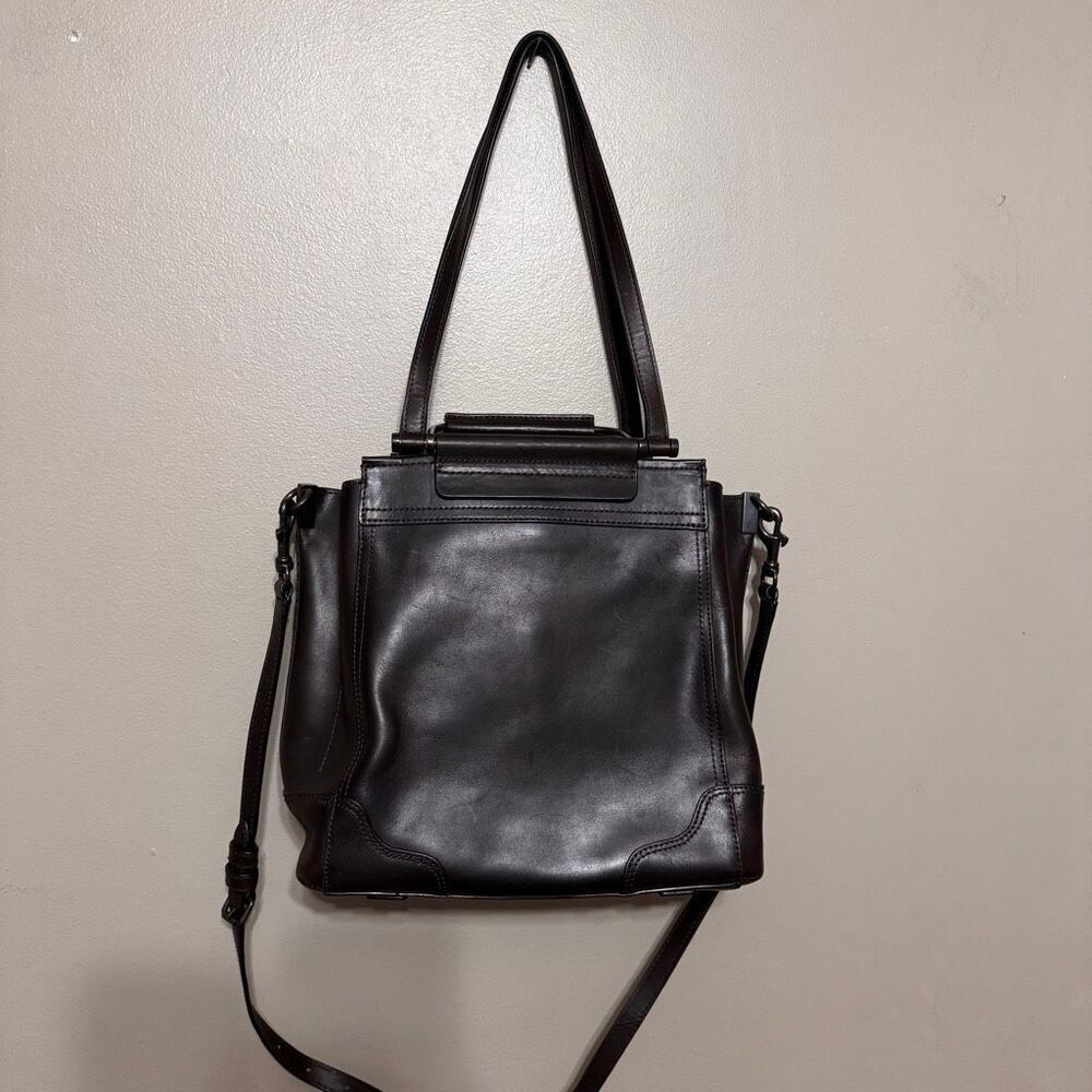 Frye Charlie Leather Tote Bag in dark brown with a structured top handle - Picture 2 of 9